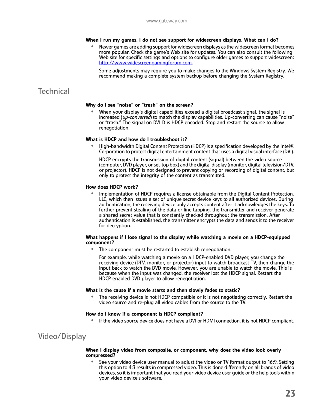 Gateway FHD2400H manual Technical, Video/Display 