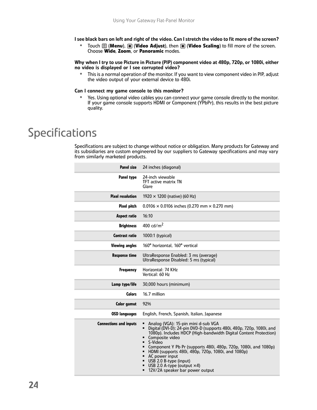 Gateway FHD2400H manual Specifications 