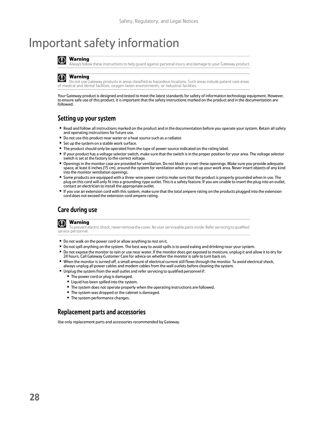 Gateway FHD2400H Important safety information, Setting up your system, Care during use, Replacement parts and accessories 