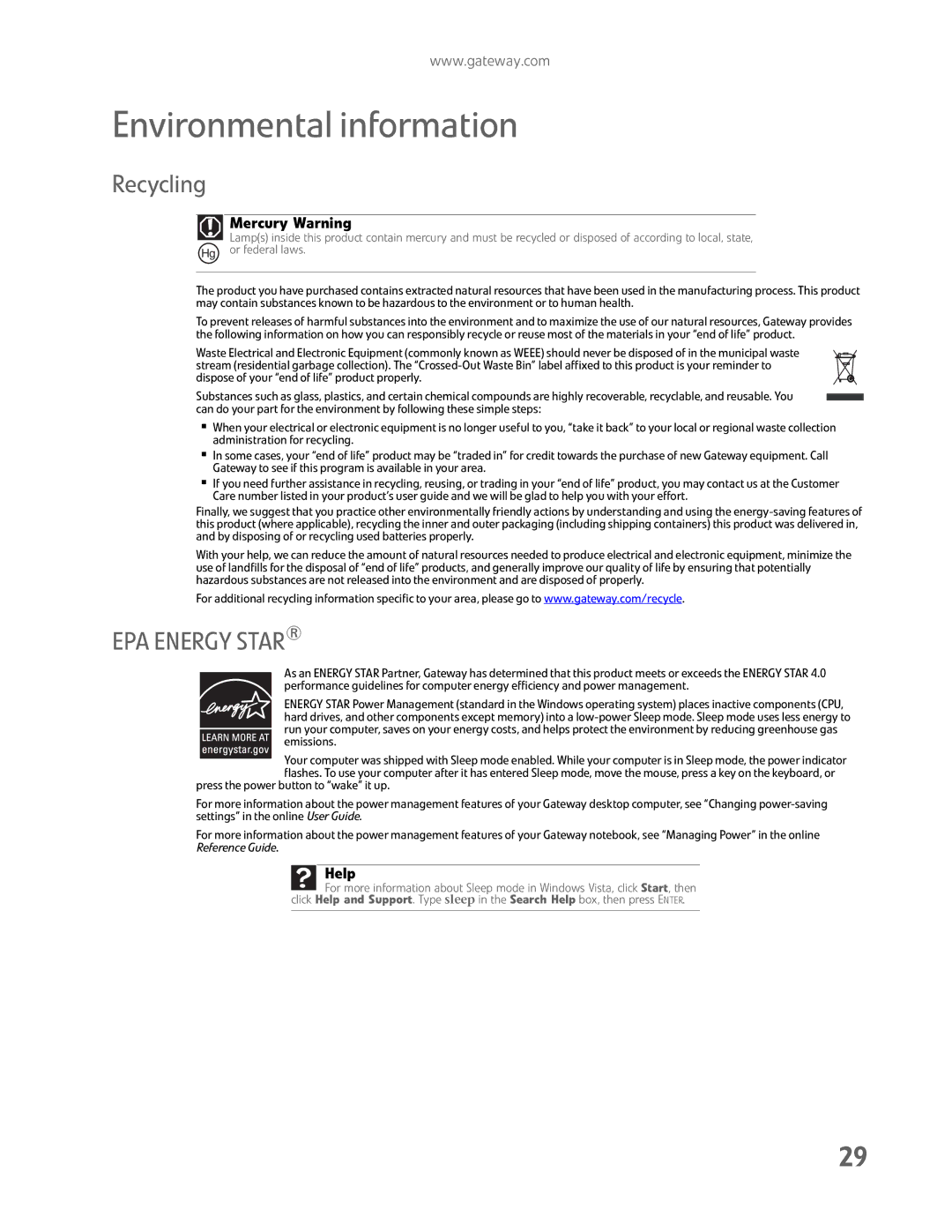 Gateway FHD2400H manual Environmental information, Recycling, Mercury Warning 