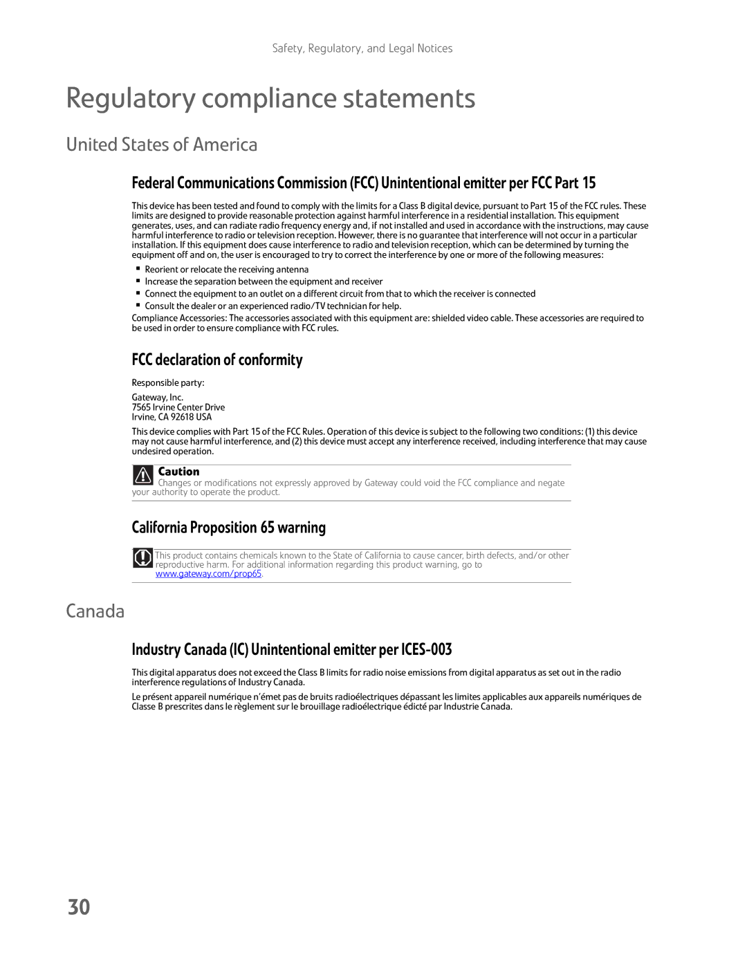 Gateway FHD2400H manual Regulatory compliance statements, United States of America, Canada 