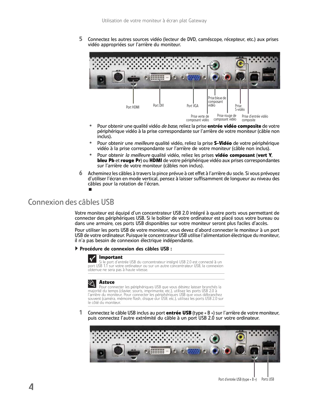 Gateway FHD2400H manual Connexion des câbles USB 