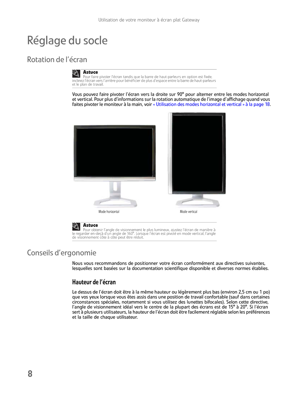 Gateway FHD2400H manual Réglage du socle, Rotation de l’écran, Conseils d’ergonomie, Hauteur de l’écran 