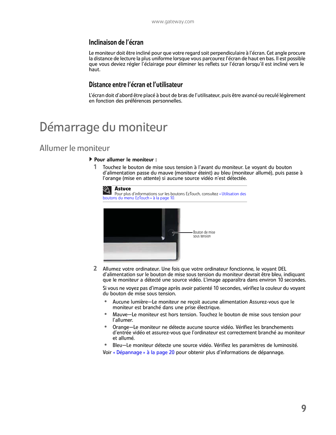 Gateway FHD2400H manual Démarrage du moniteur, Allumer le moniteur, Inclinaison de l’écran 