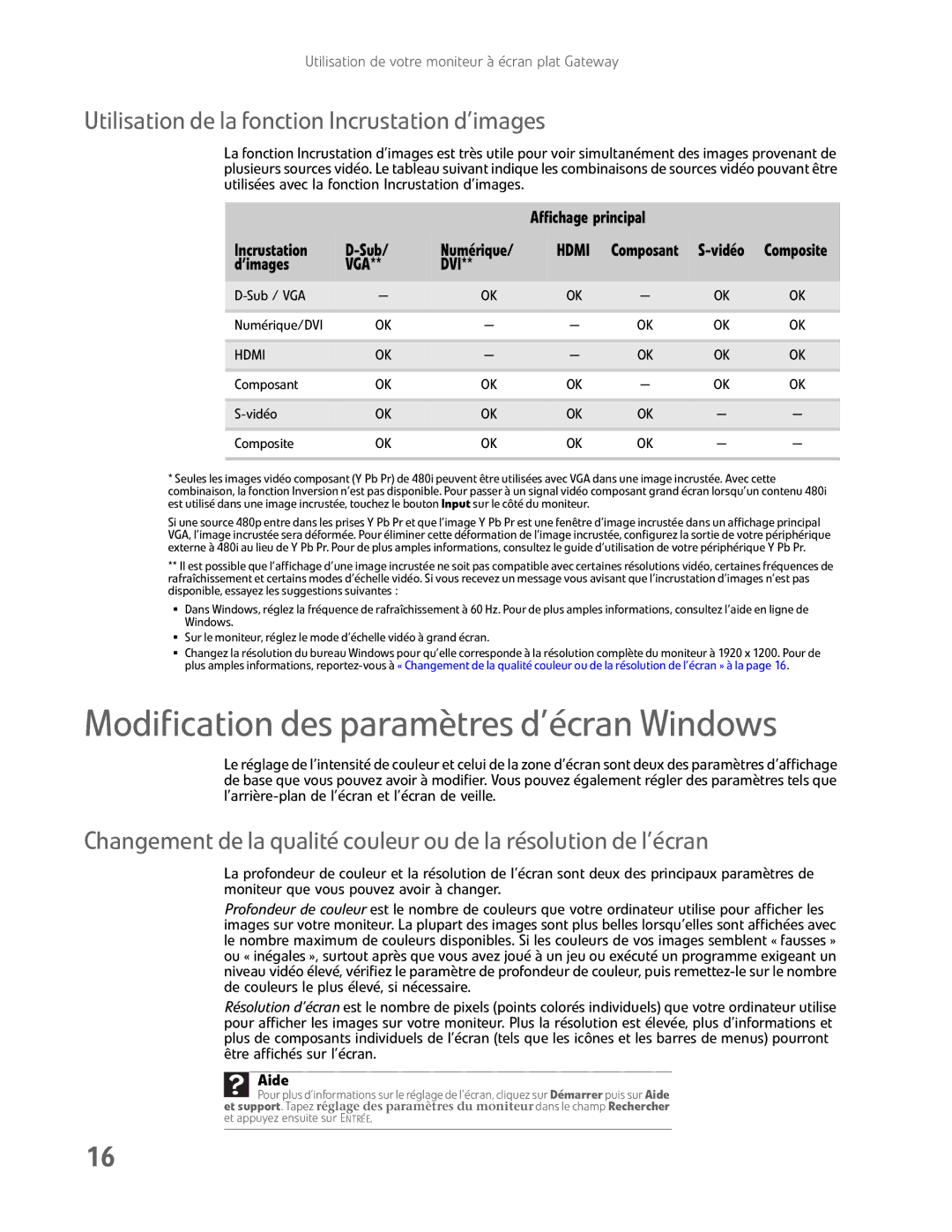 Gateway FHD2400H manual Modification des paramètres d’écran Windows, Utilisation de la fonction Incrustation d’images 