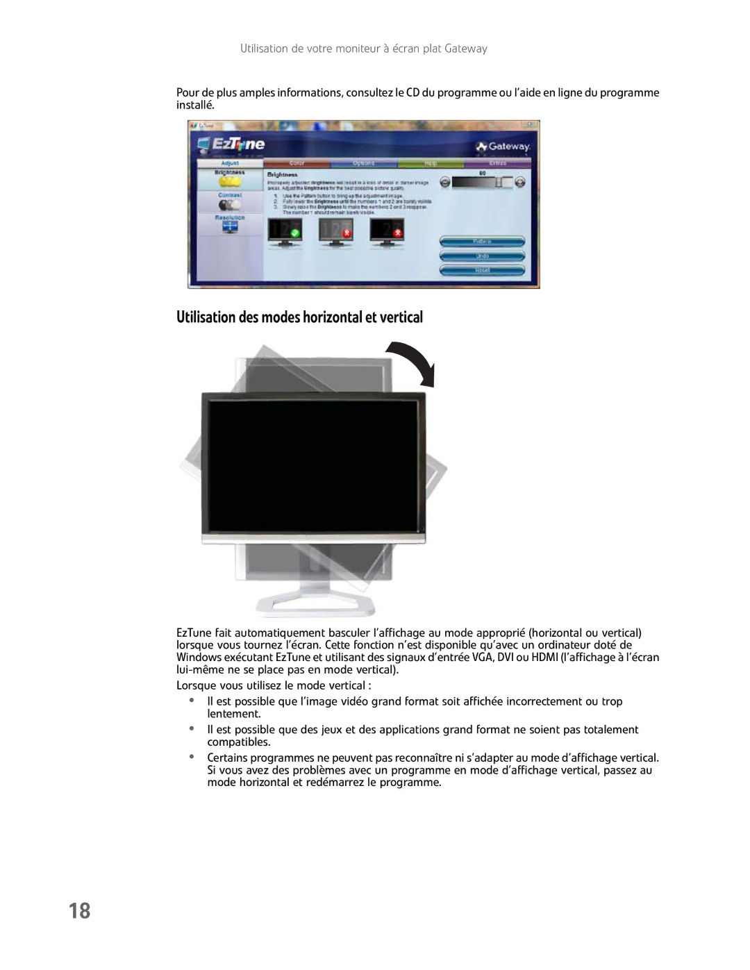 Gateway FHD2400H manual Utilisation des modes horizontal et vertical 