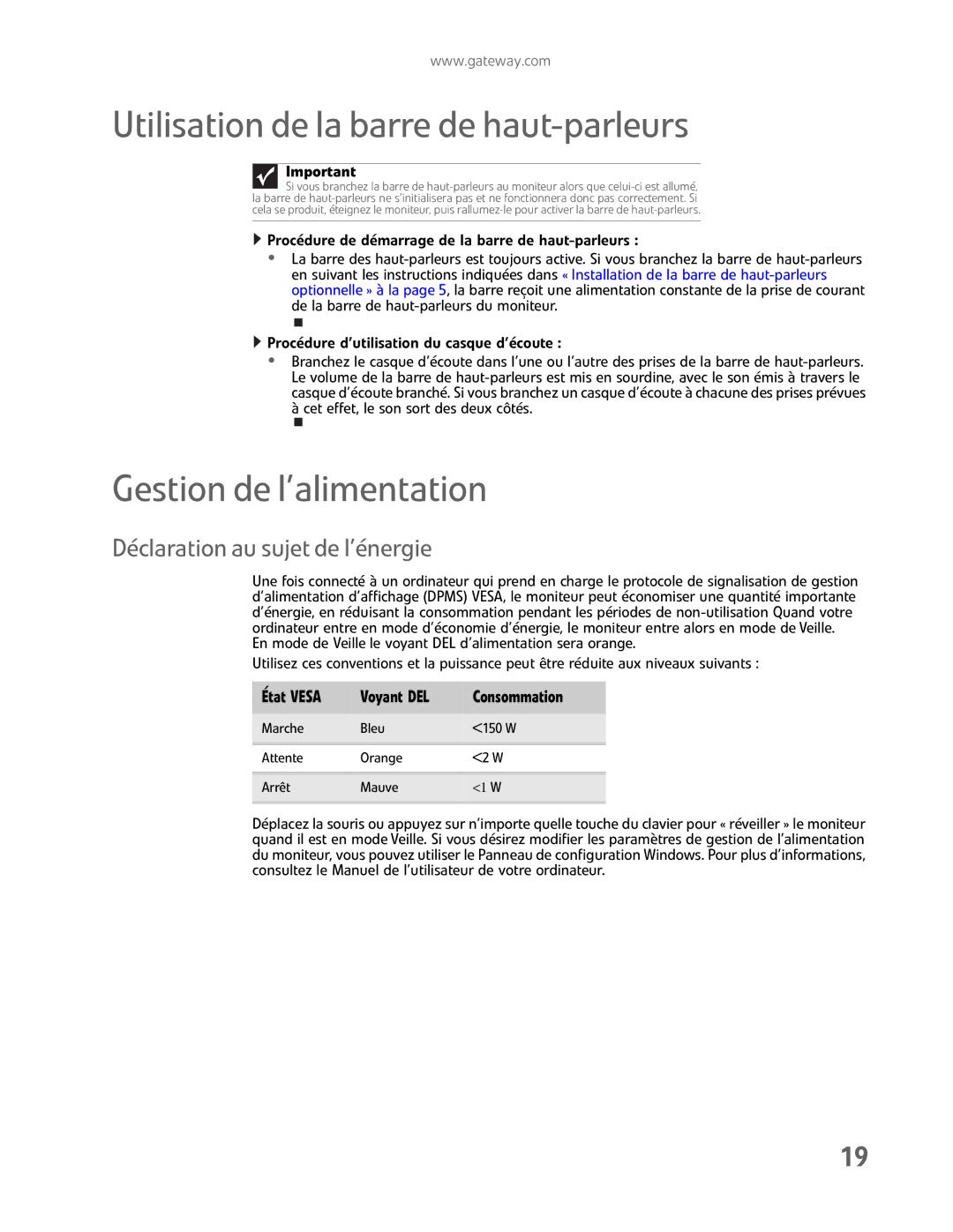 Gateway FHD2400H Utilisation de la barre de haut-parleurs, Gestion de l’alimentation, Déclaration au sujet de l’énergie 