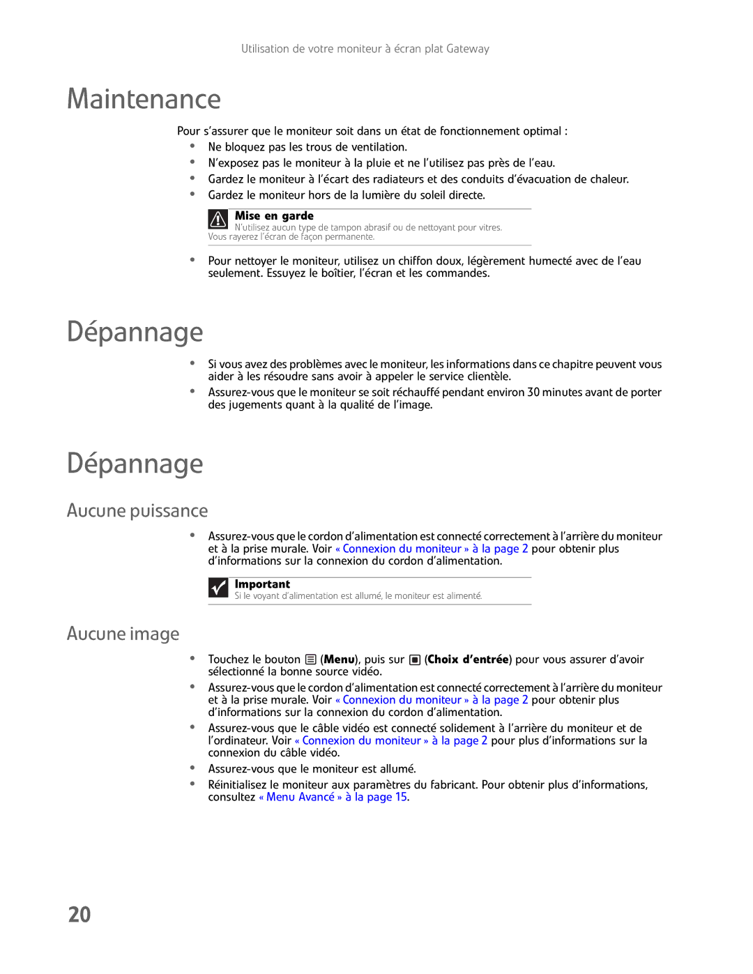 Gateway FHD2400H manual Maintenance, Dépannage, Aucune puissance, Aucune image, Mise en garde 