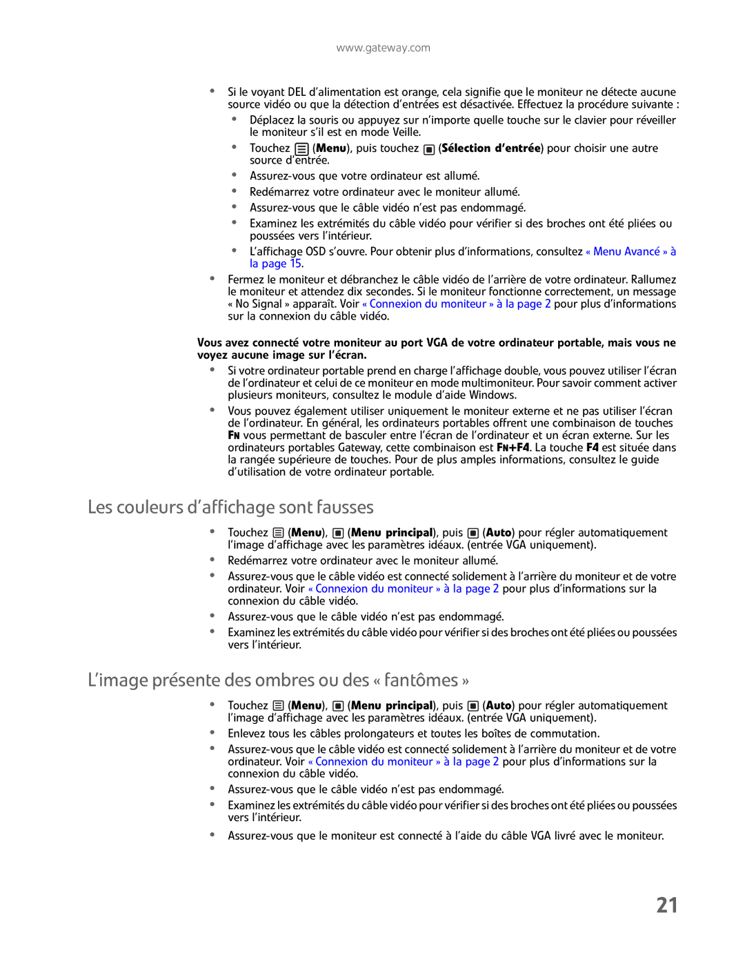 Gateway FHD2400H manual Les couleurs d’affichage sont fausses, ’image présente des ombres ou des « fantômes » 