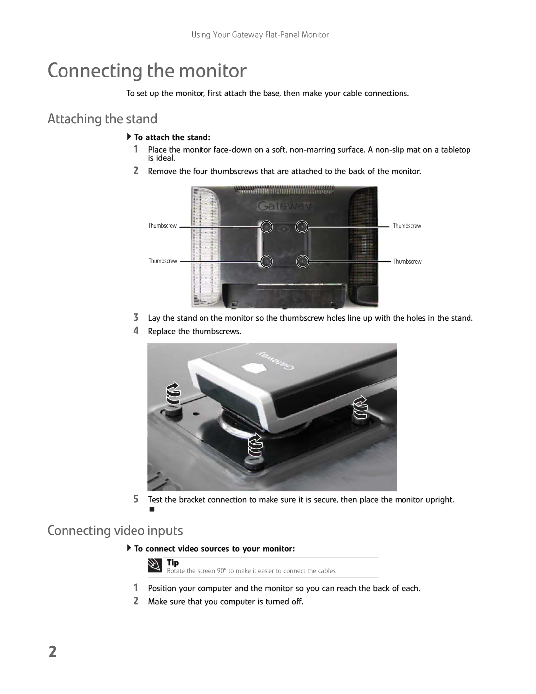 Gateway FHD2400H manual Connecting the monitor, Attaching the stand, Connecting video inputs, Tip 