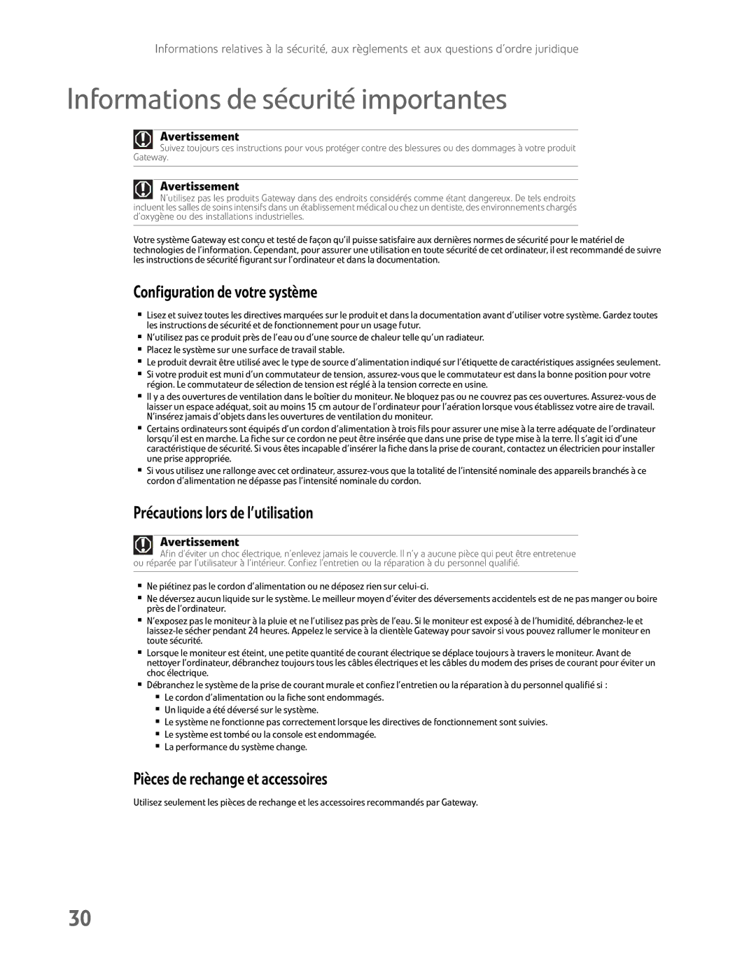 Gateway FHD2400H Informations de sécurité importantes, Configuration de votre système, Précautions lors de l’utilisation 