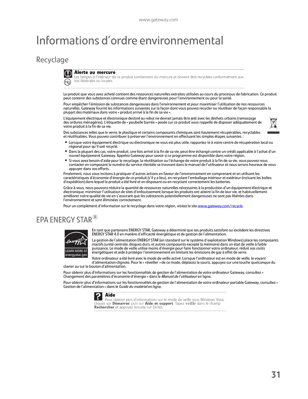 Gateway FHD2400H manual Informations d’ordre environnemental, Recyclage, Alerte au mercure 