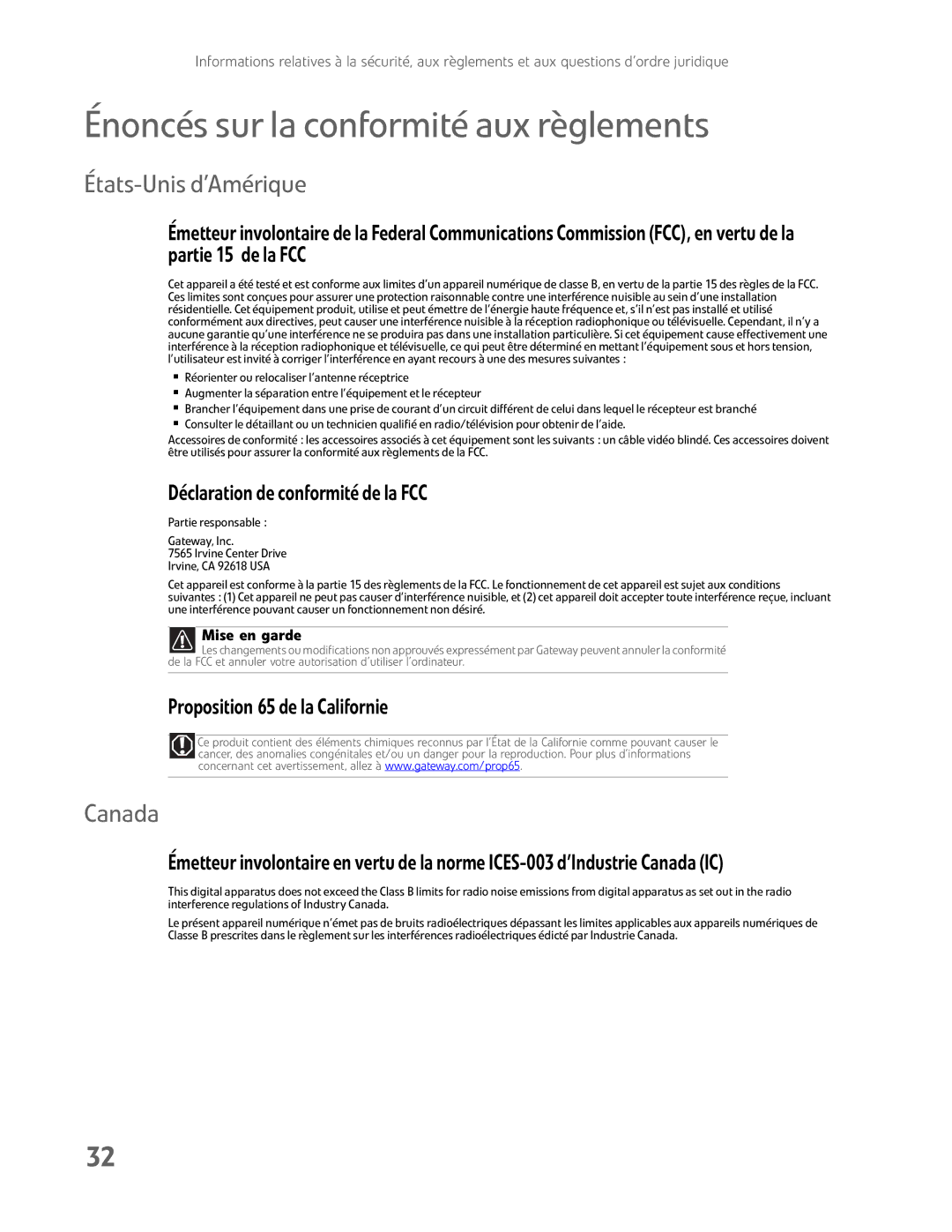 Gateway FHD2400H Énoncés sur la conformité aux règlements, États-Unis d’Amérique, Déclaration de conformité de la FCC 