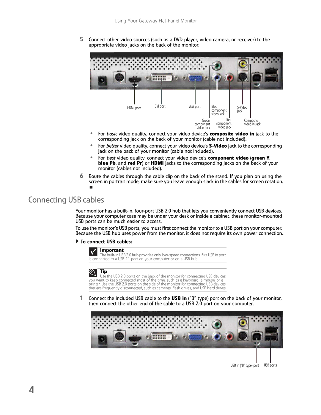 Gateway FHD2400H manual Connecting USB cables, To connect USB cables 