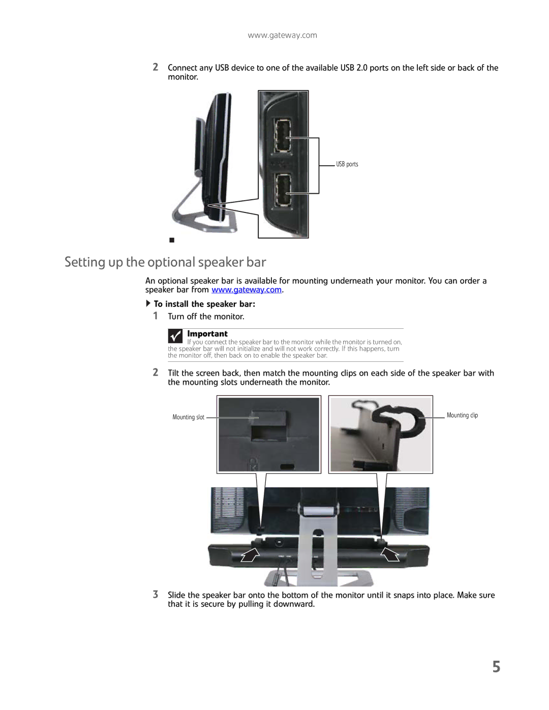 Gateway FHD2400H manual Setting up the optional speaker bar, To install the speaker bar Turn off the monitor 