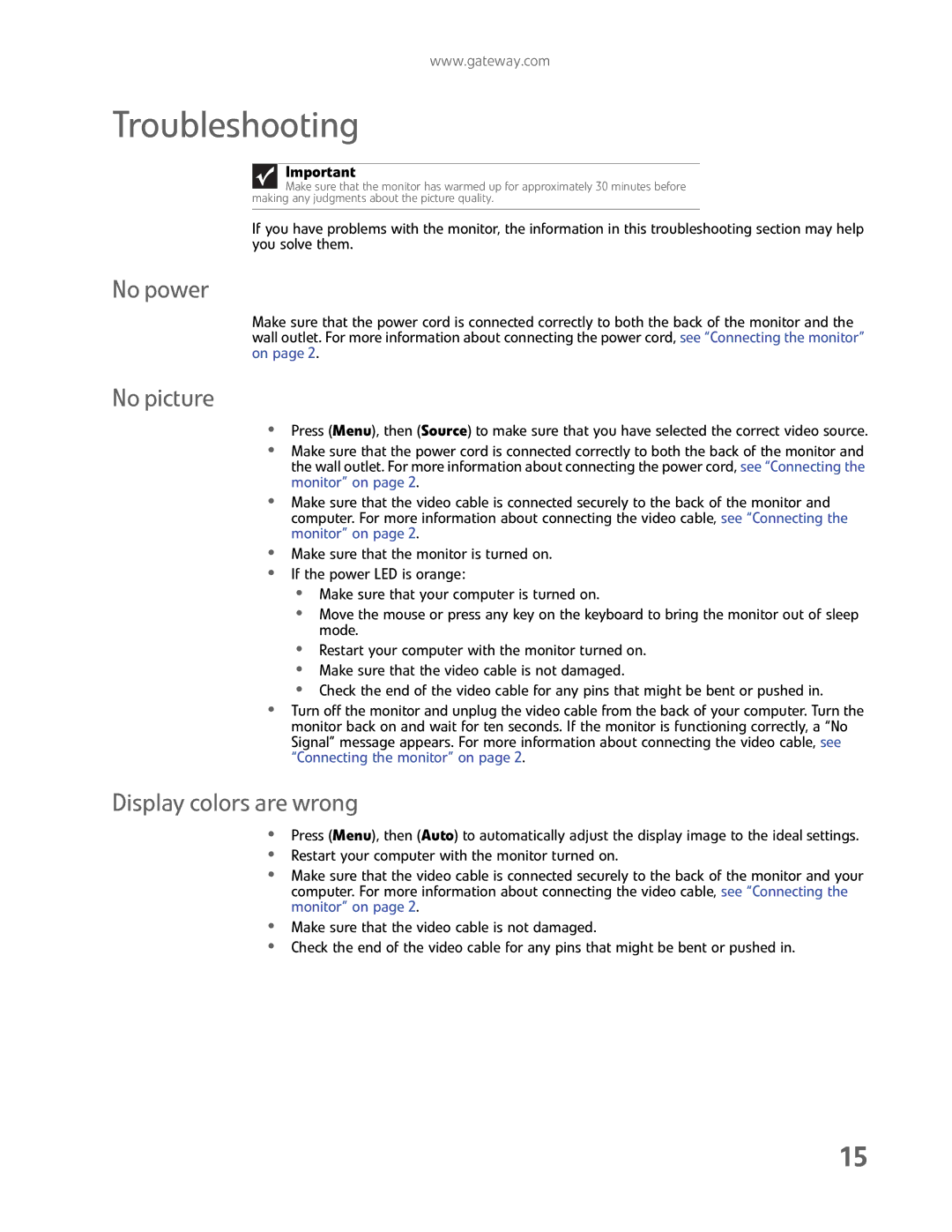 Gateway FHD2402 manual Troubleshooting, No power, No picture, Display colors are wrong 