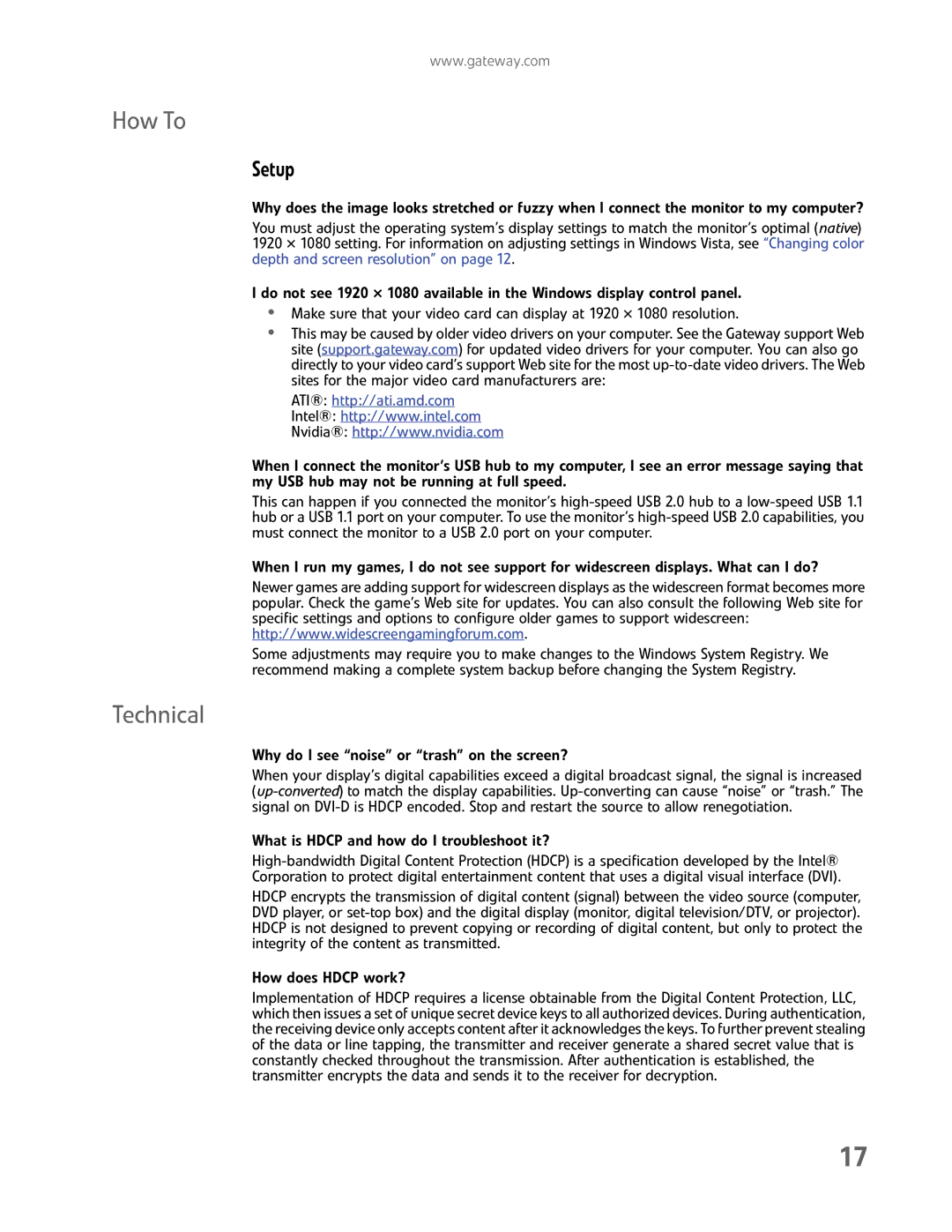 Gateway FHD2402 manual How To, Technical 