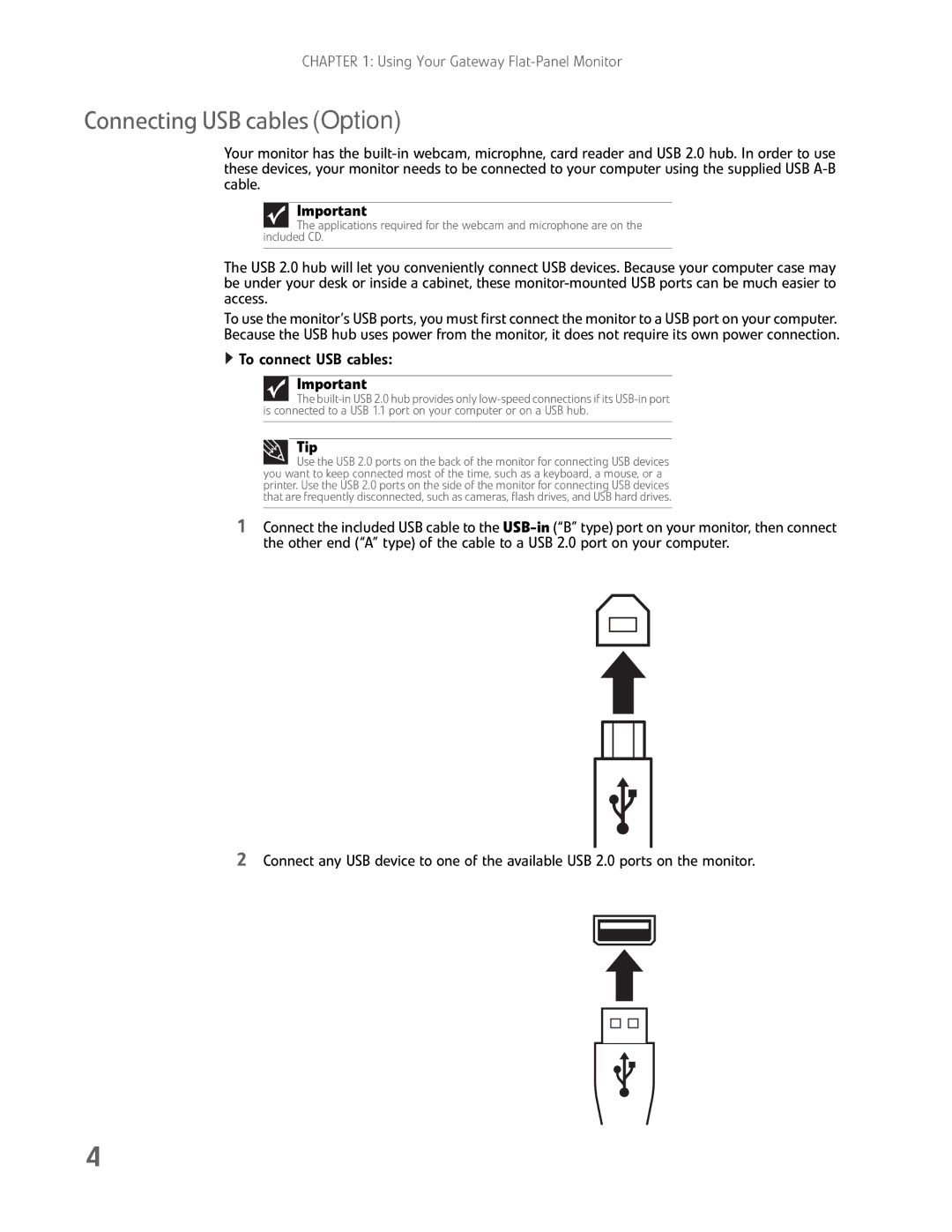 Gateway FHD2402 manual Connecting USB cables Option, Tip 