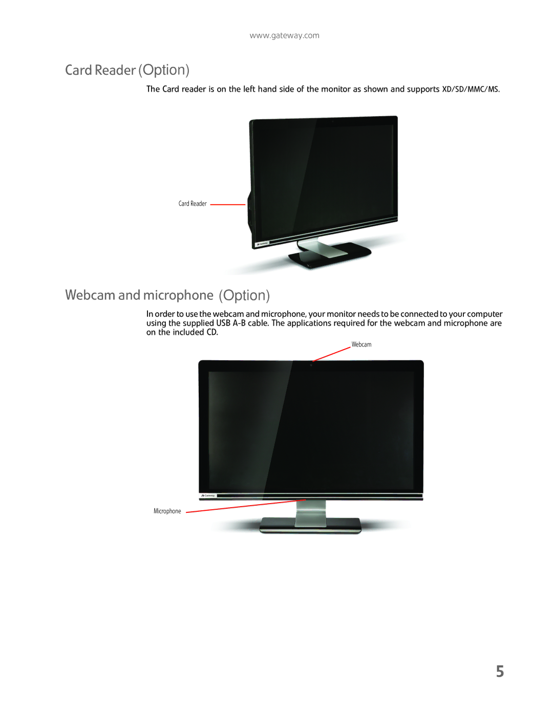 Gateway FHD2402 manual Card Reader Option, Webcam and microphone Option 