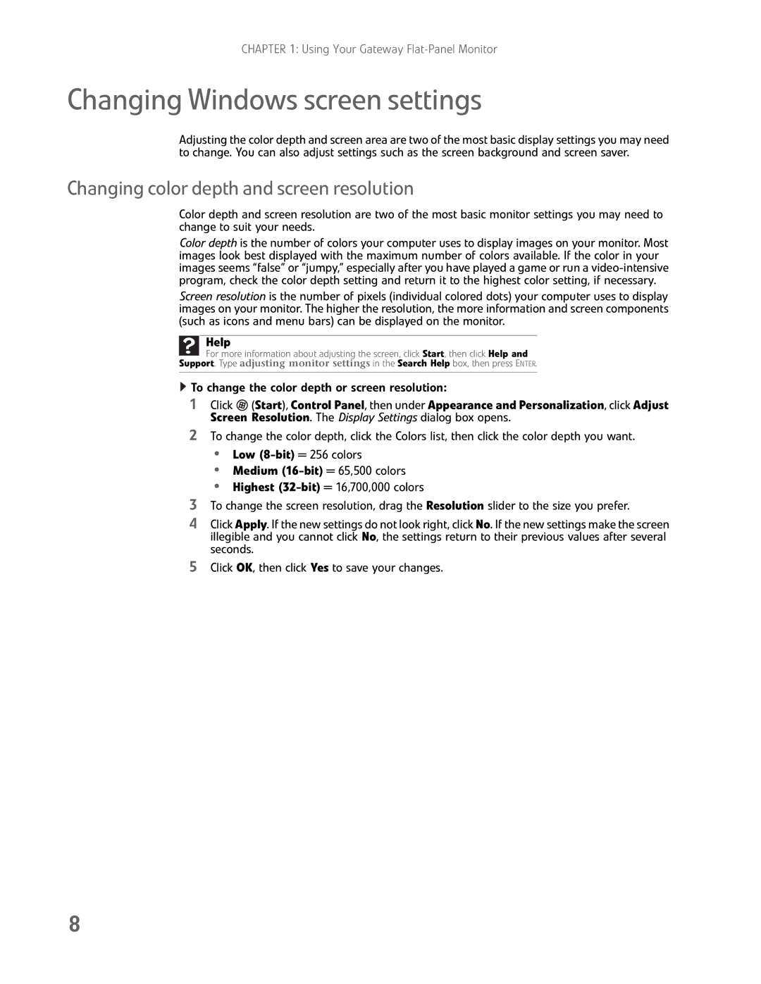 Gateway FHX2300 manual Changing Windows screen settings, Changing color depth and screen resolution, Help 