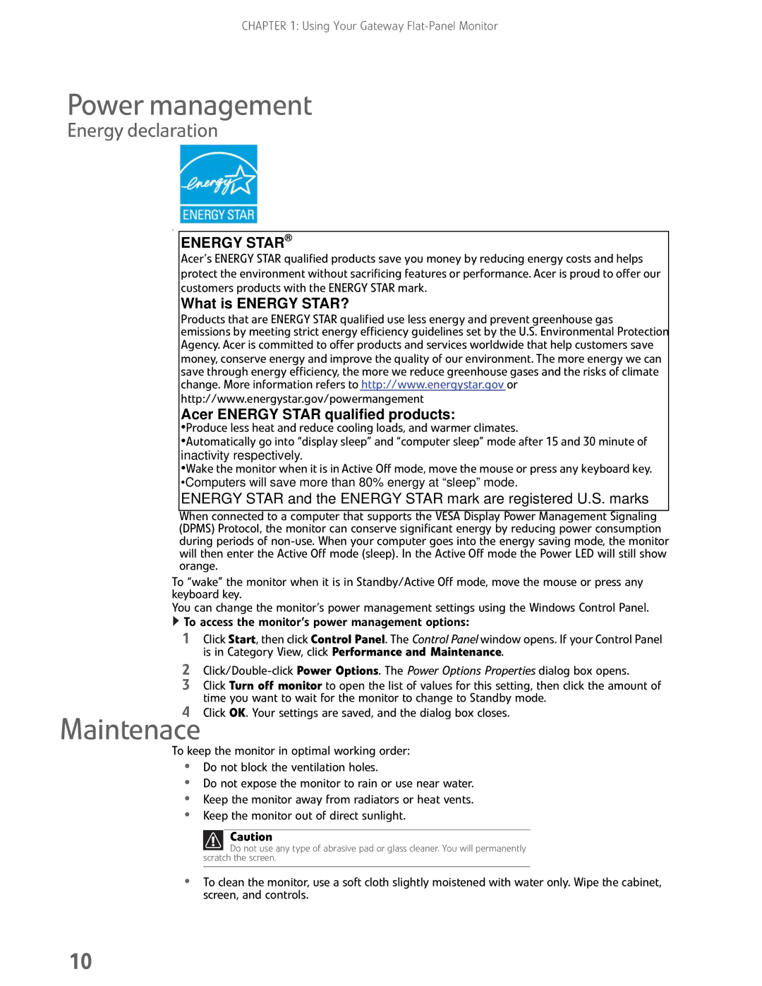 Gateway FHX2300 manual Power management, Maintenace, Energy declaration 