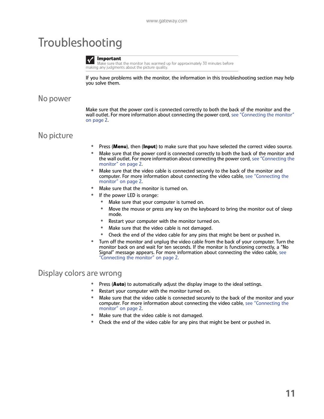 Gateway FHX2300 manual Troubleshooting, No power, No picture, Display colors are wrong 