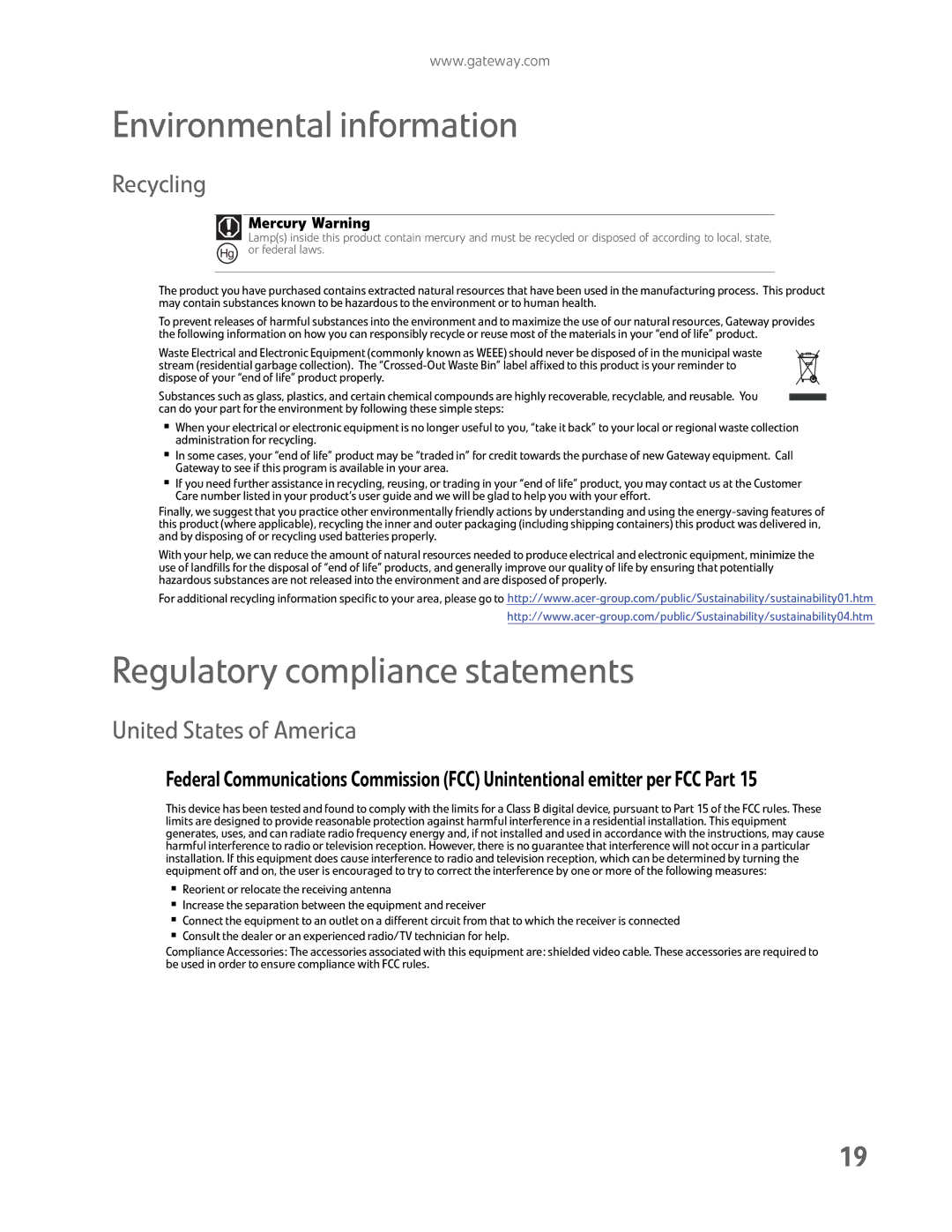 Gateway FHX2300 manual Environmental information, Regulatory compliance statements, Recycling, United States of America 