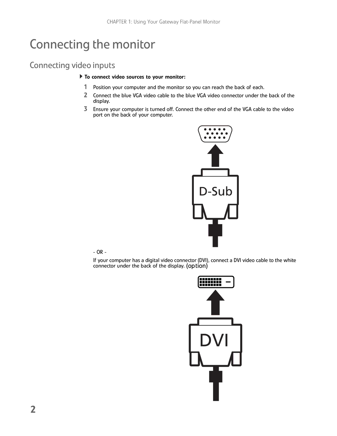 Gateway FHX2300 manual Connecting the monitor, Connecting video inputs 