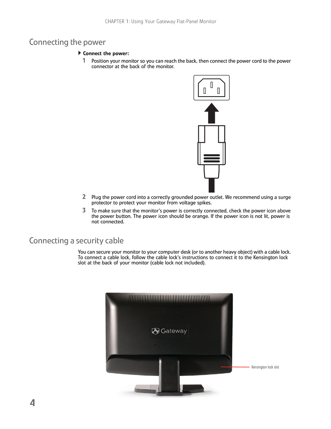 Gateway FHX2300 manual Connecting the power, Connecting a security cable 