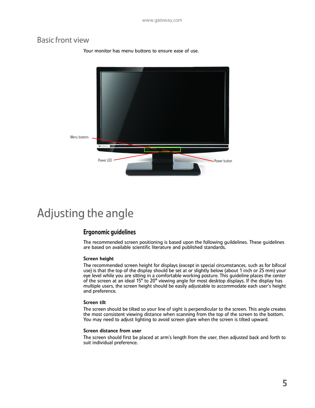 Gateway FHX2300 manual Adjusting the angle, Basic front view 