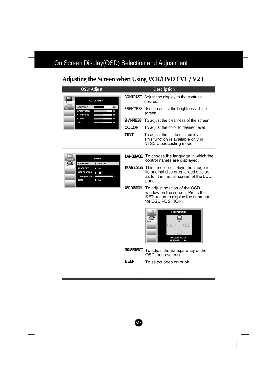 Gateway FPD2200 manual Adjusting the Screen when Using VCR/DVD V1 