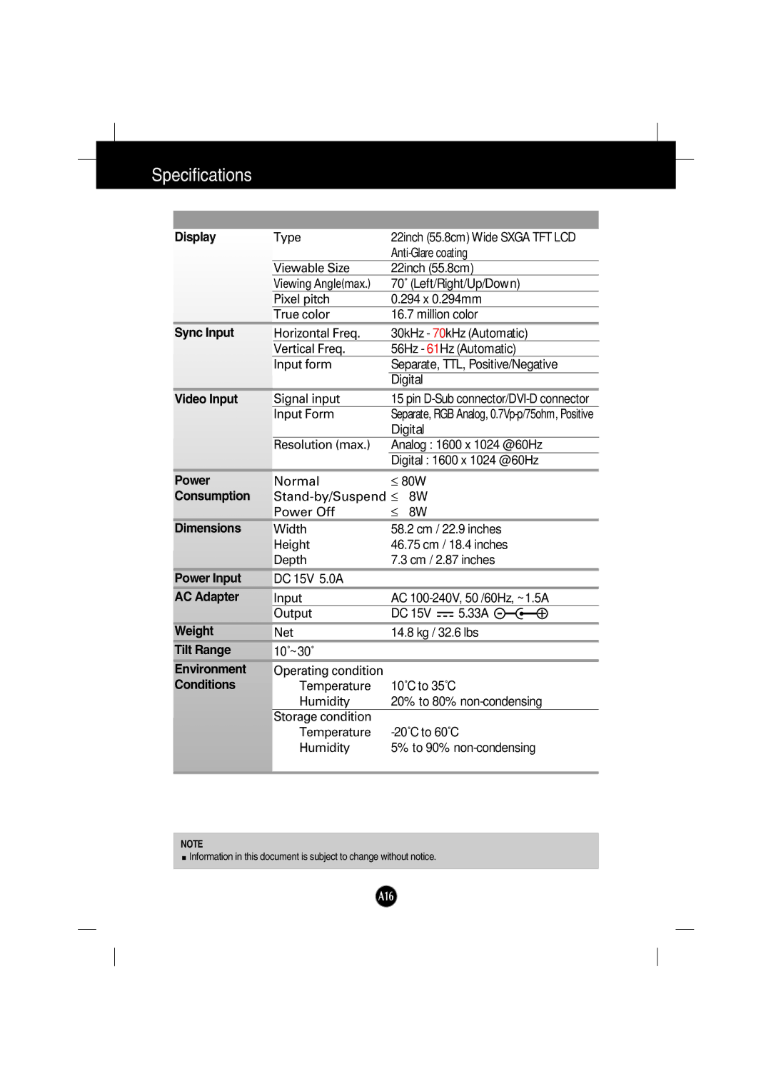 Gateway FPD2200 manual Specifications, Display 