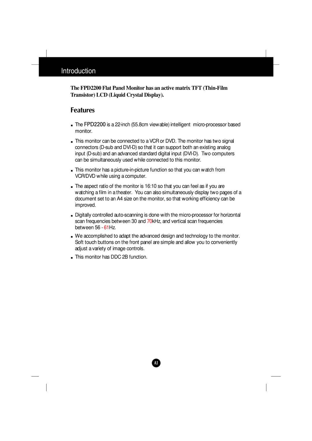 Gateway FPD2200 manual Introduction, Features 