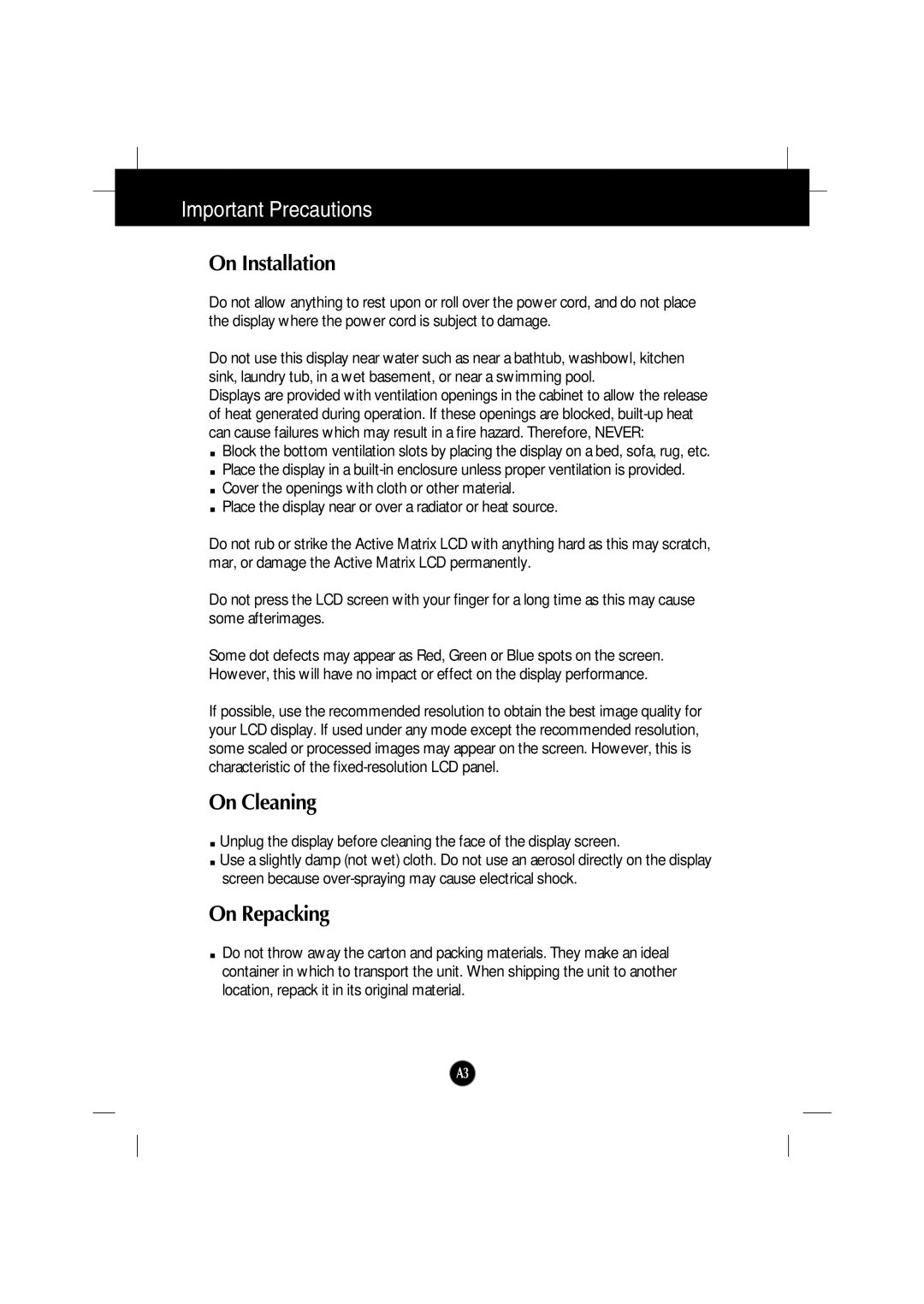 Gateway FPD2200 manual On Installation, On Cleaning, On Repacking 