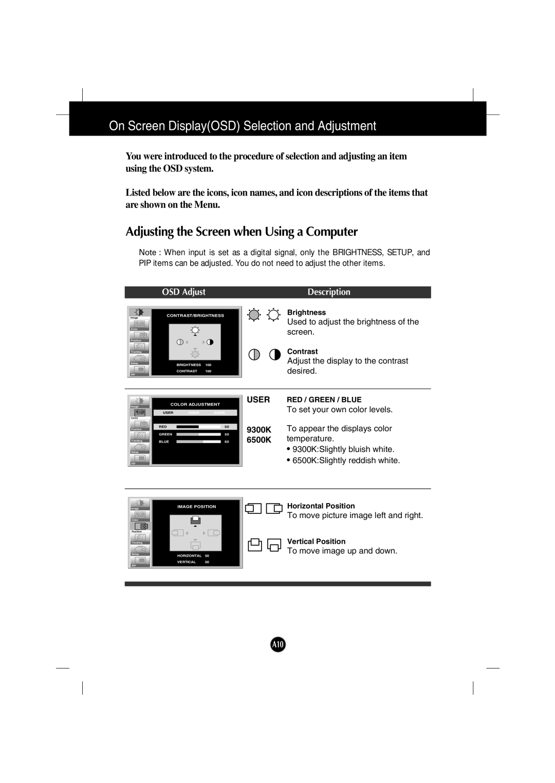 Gateway FPD2200 manual On Screen DisplayOSD Selection and Adjustment, Adjusting the Screen when Using a Computer 