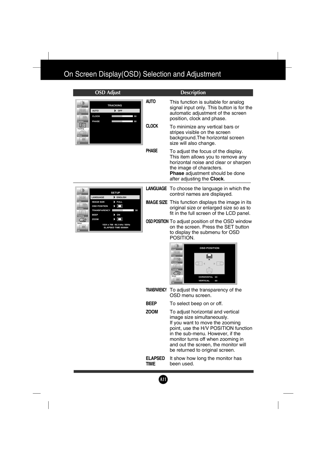 Gateway FPD2200 manual On Screen DisplayOSD Selection and Adjustment, OSD Adjust, Description 
