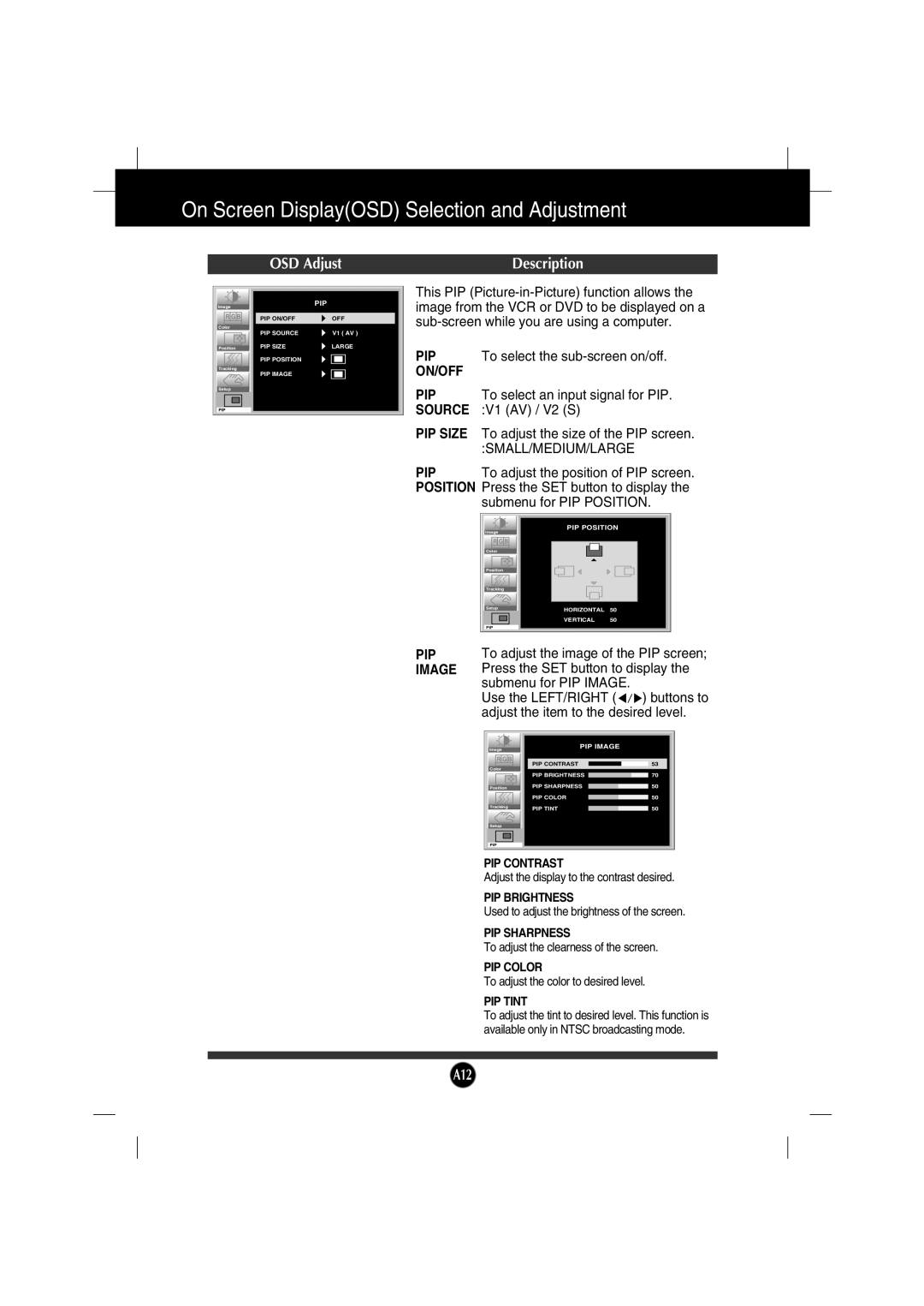 Gateway FPD2200 manual On Screen DisplayOSD Selection and Adjustment, OSD Adjust, Description, Pip Contrast, Pip Brightness 