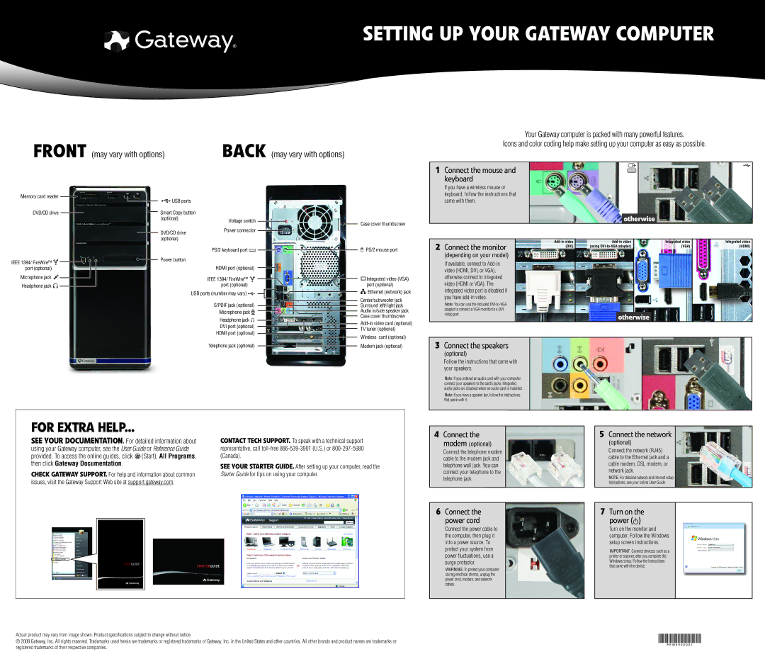 Gateway FX6710 specifications Connect the monitor, Connect the speakers, Connect Power cord, Connect the network 