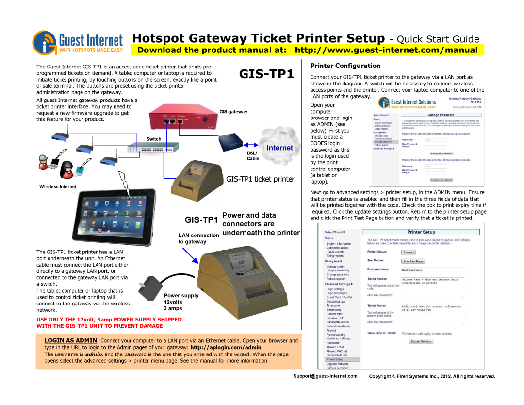 Gateway quick start Hotspot Gateway Ticket Printer Setup - QUICK START GUIDE, Internet, GIS-TP1 ticket printer, amps 