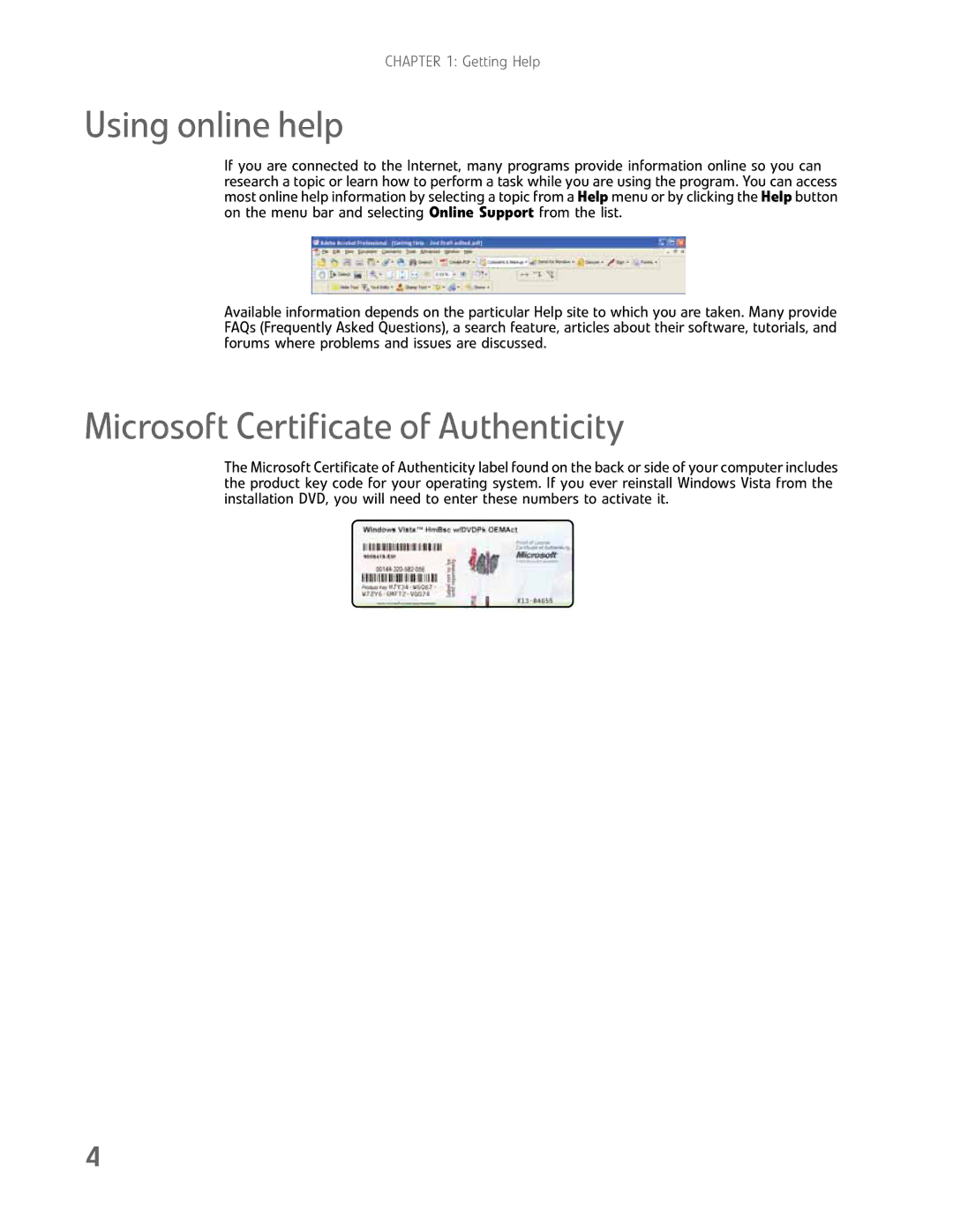 Gateway GM5457H manual Using online help, Microsoft Certificate of Authenticity 