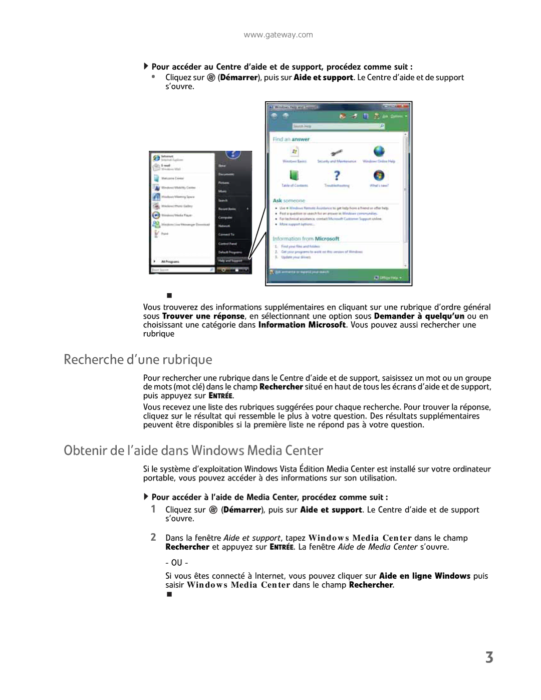 Gateway GM5457H manual Recherche d’une rubrique, Obtenir de l’aide dans Windows Media Center 