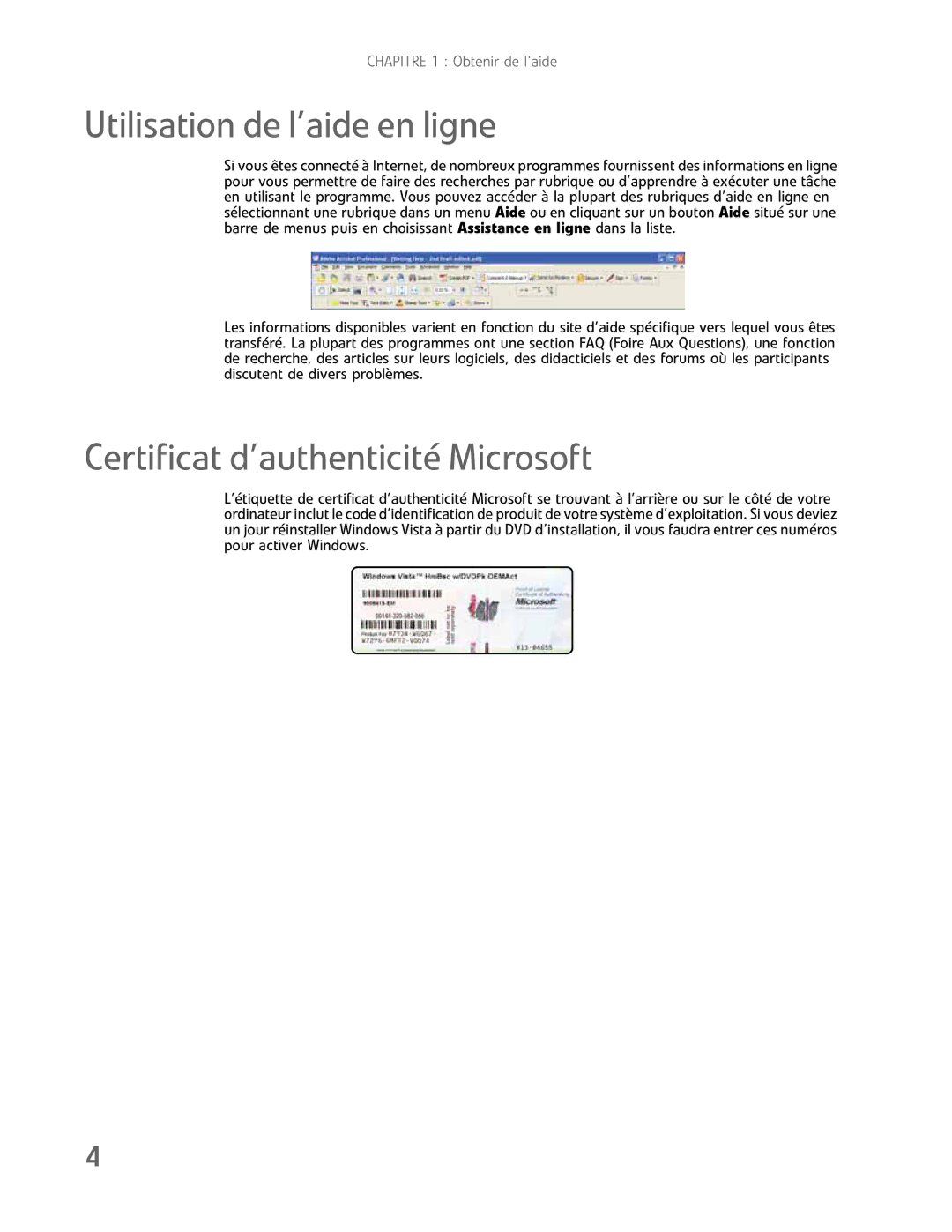 Gateway GM5457H manual Utilisation de l’aide en ligne, Certificat d’authenticité Microsoft 