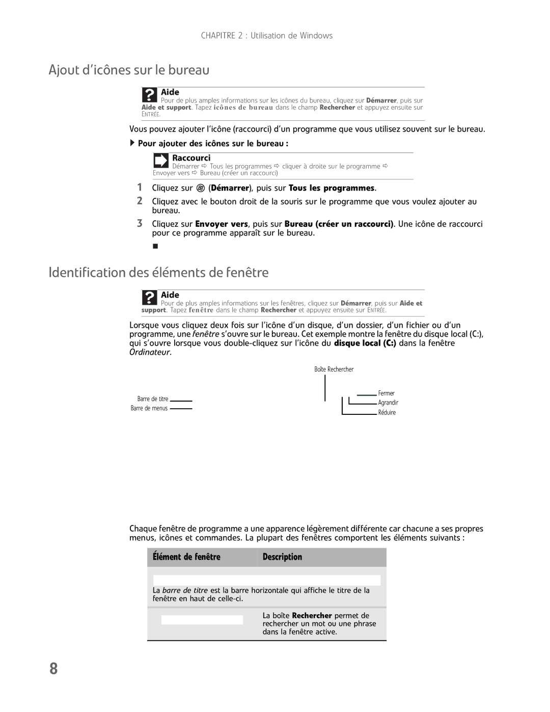 Gateway GM5457H manual Ajout d’icônes sur le bureau, Identification des éléments de fenêtre 