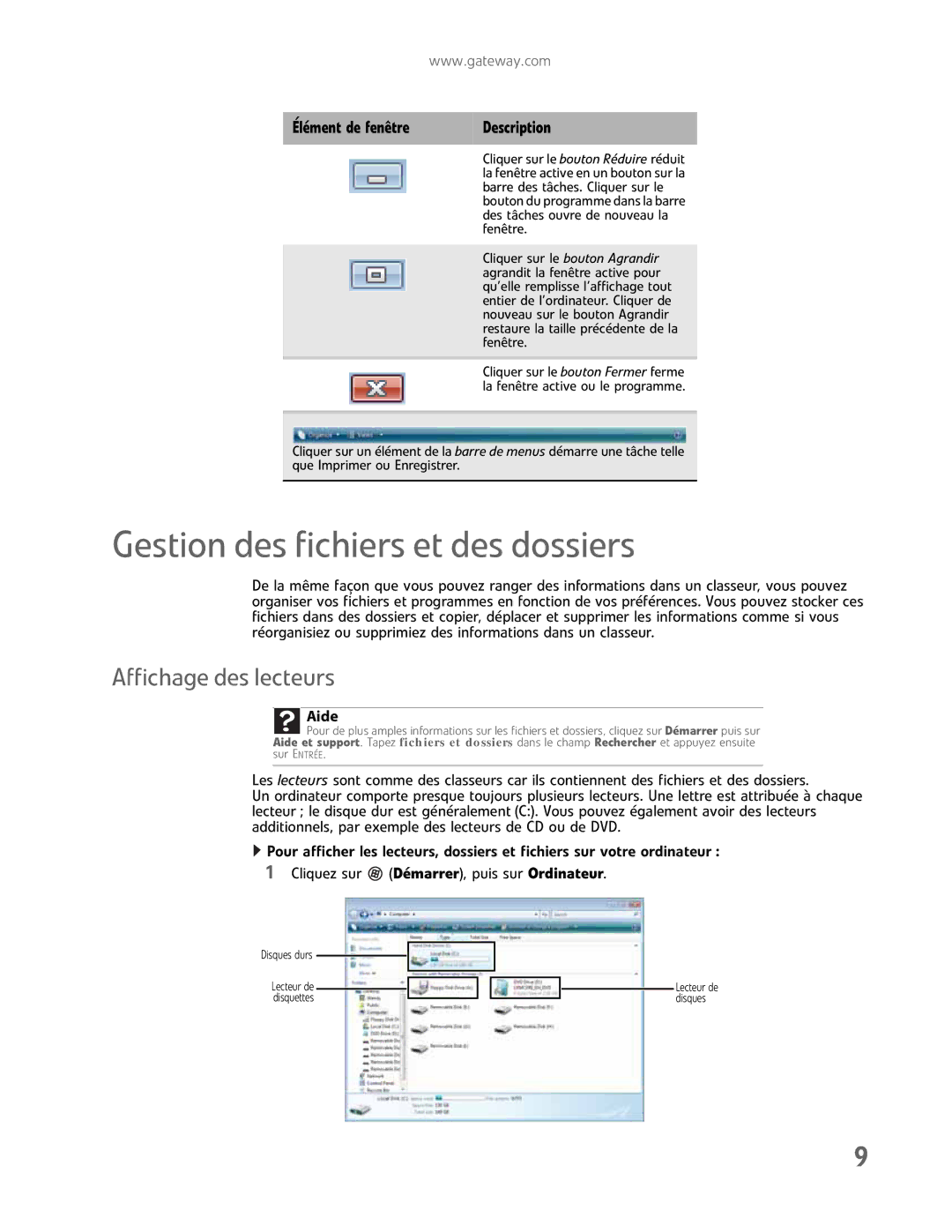 Gateway GM5457H manual Gestion des fichiers et des dossiers, Affichage des lecteurs 