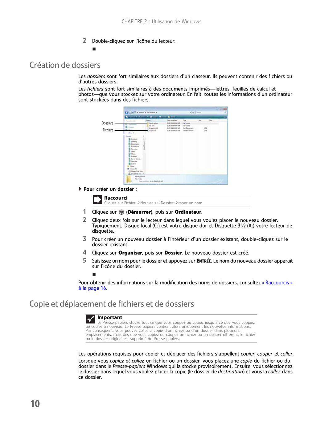 Gateway GM5457H manual Création de dossiers, Copie et déplacement de fichiers et de dossiers 