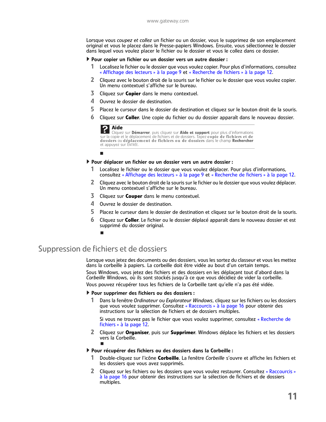 Gateway GM5457H manual Suppression de fichiers et de dossiers, Pour copier un fichier ou un dossier vers un autre dossier 