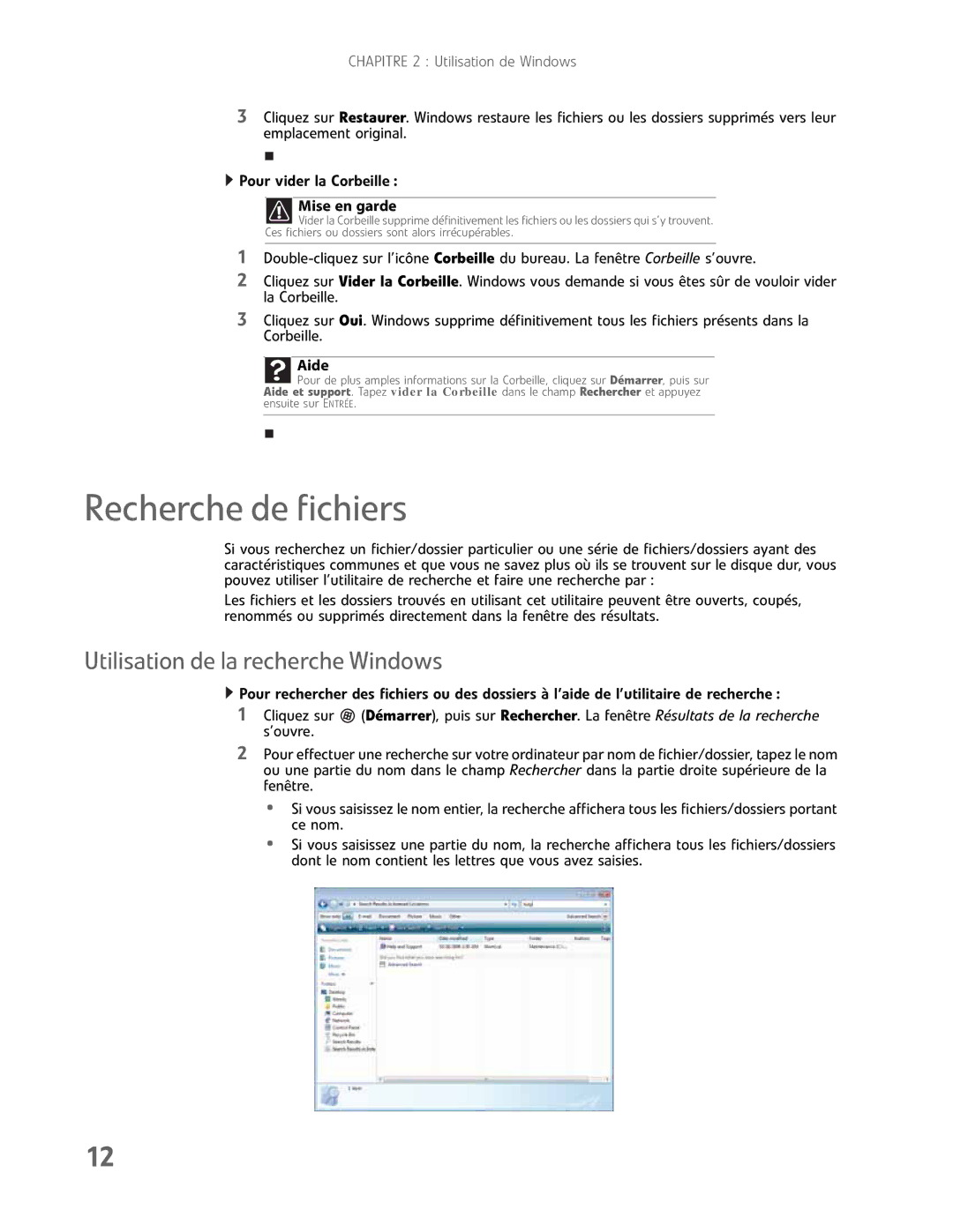 Gateway GM5457H manual Recherche de fichiers, Utilisation de la recherche Windows, Mise en garde 