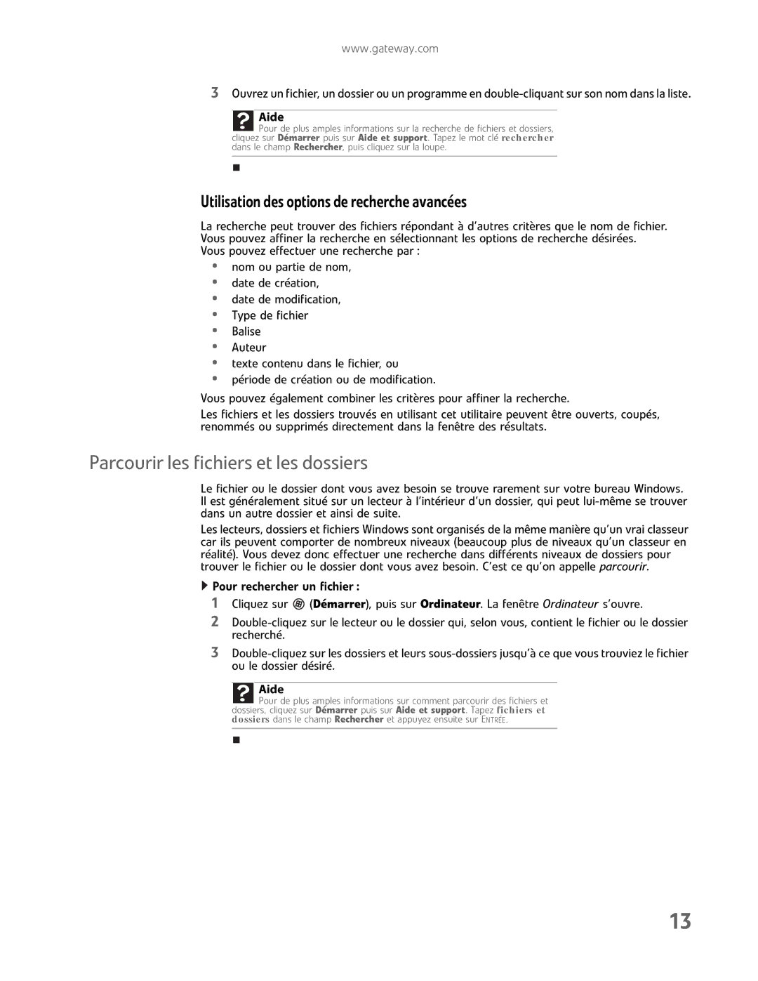 Gateway GM5457H manual Parcourir les fichiers et les dossiers, Utilisationdesoptionsderechercheavancées 