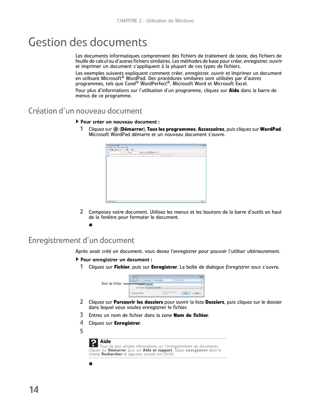 Gateway GM5457H manual Gestion des documents, Création d’un nouveau document, Enregistrement d’un document 