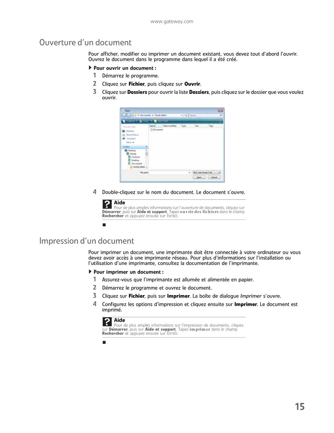 Gateway GM5457H manual Ouverture d’un document, Impression d’un document 